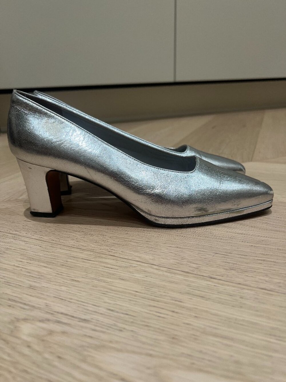 Vintage 90s Christian Dior Silver Metallic Leather Square Toe Pumps, Size 36.5